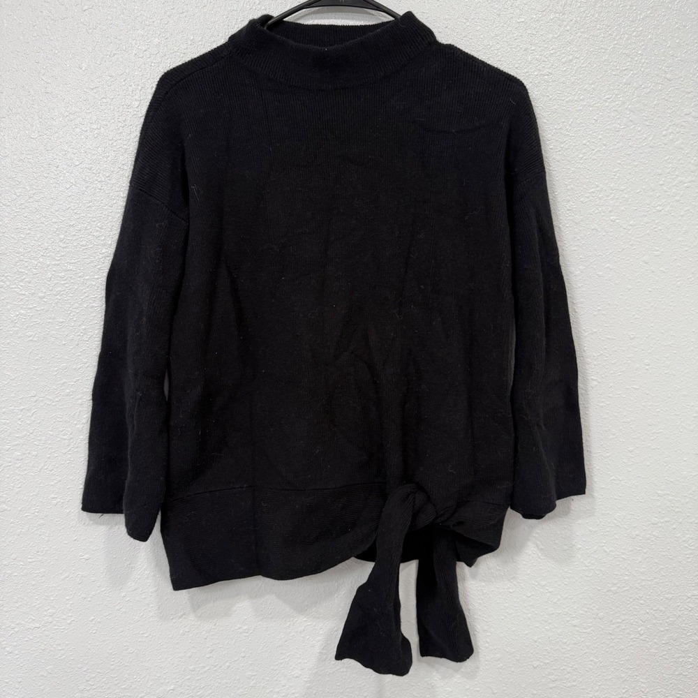 Chicos Black Mock Neck Ribbed Knit Sweater Tie Front Side Size 1 Medium